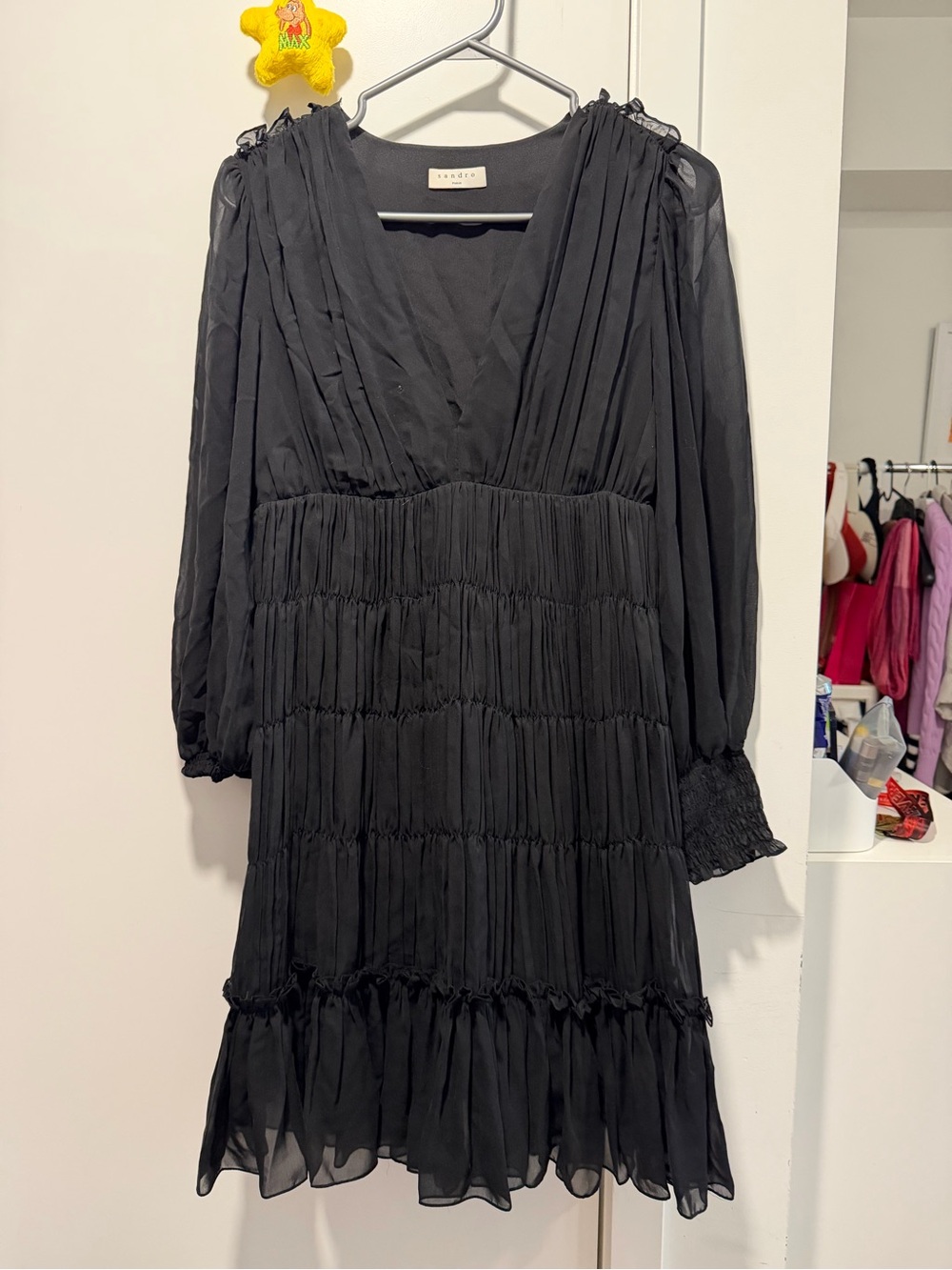 Sandro Black Tiered V-Neck Long-Sleeve Chiffon Dress